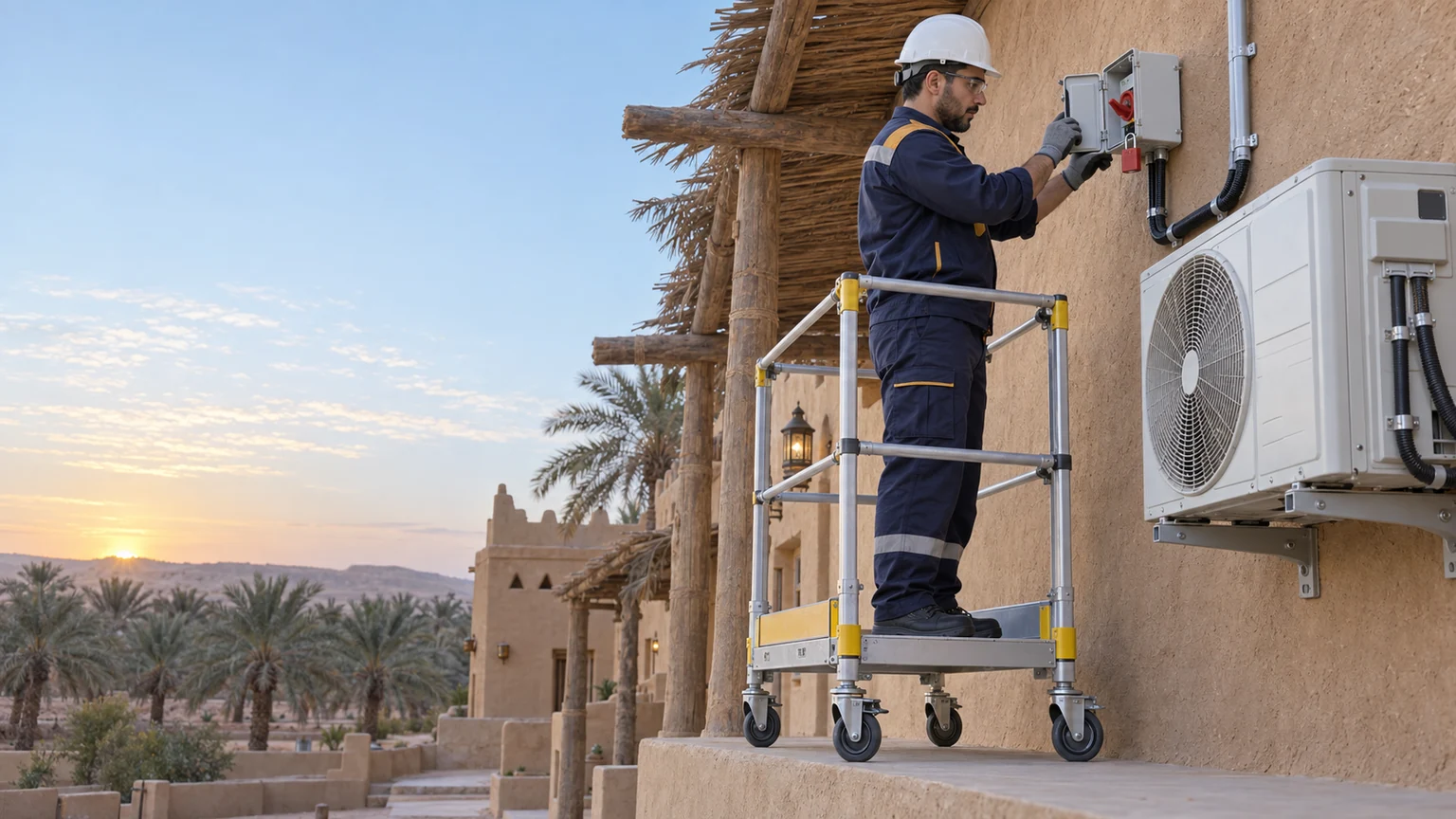 توصيل خط كهرباء مستقل ومفتاح عزل لوحدة مكيف خارجية ببريدة