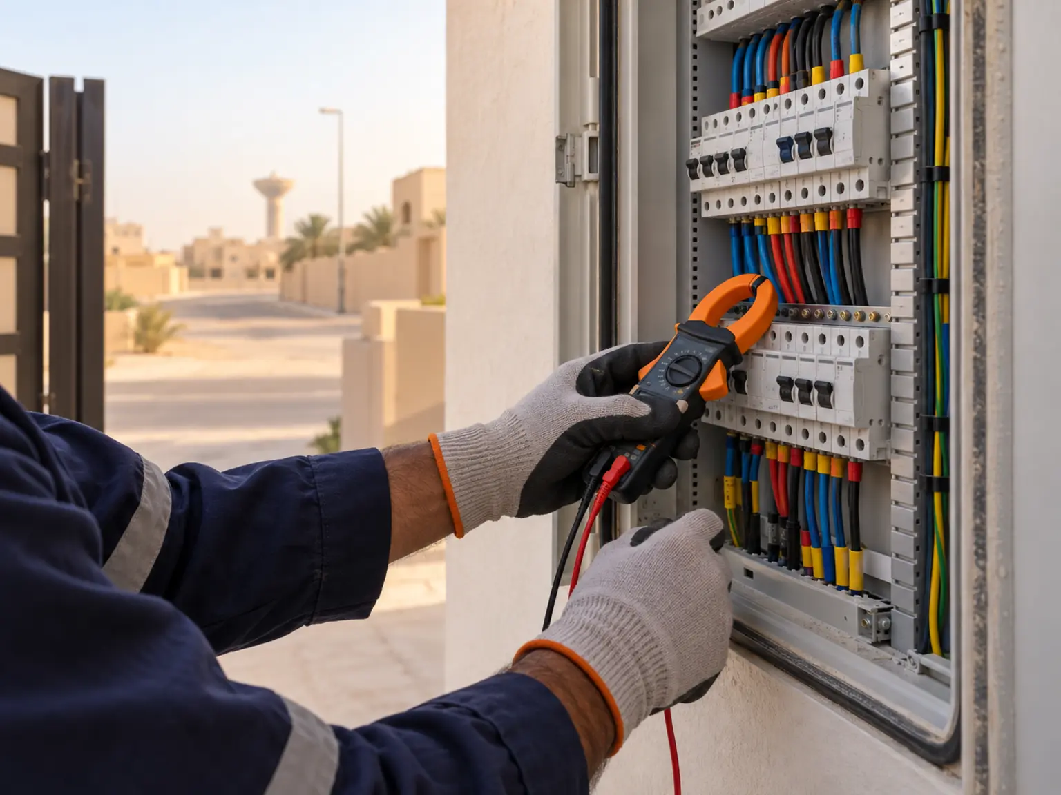 فني يفحص قواطع لوحة الكهرباء بجهاز الكلامب ميتر أثناء صيانة عطل بحفر الباطن