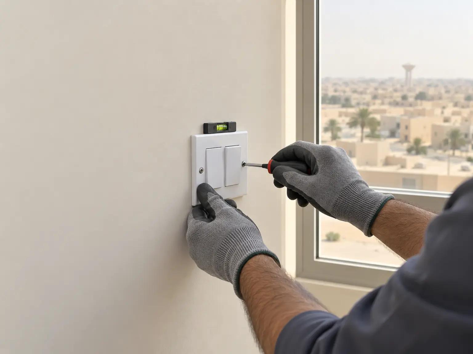 فني كهربائي يركب مفتاح إنارة على جدار مدهون حديثاً أثناء تشطيب الكهرباء بحفر الباطن