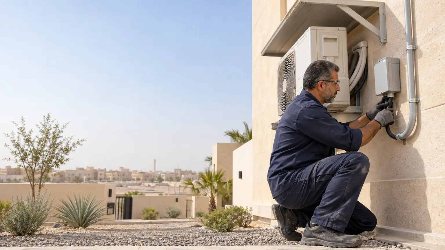 توصيل خط كهرباء مستقل ومفتاح عزل لوحدة تكييف خارجية بحفر الباطن