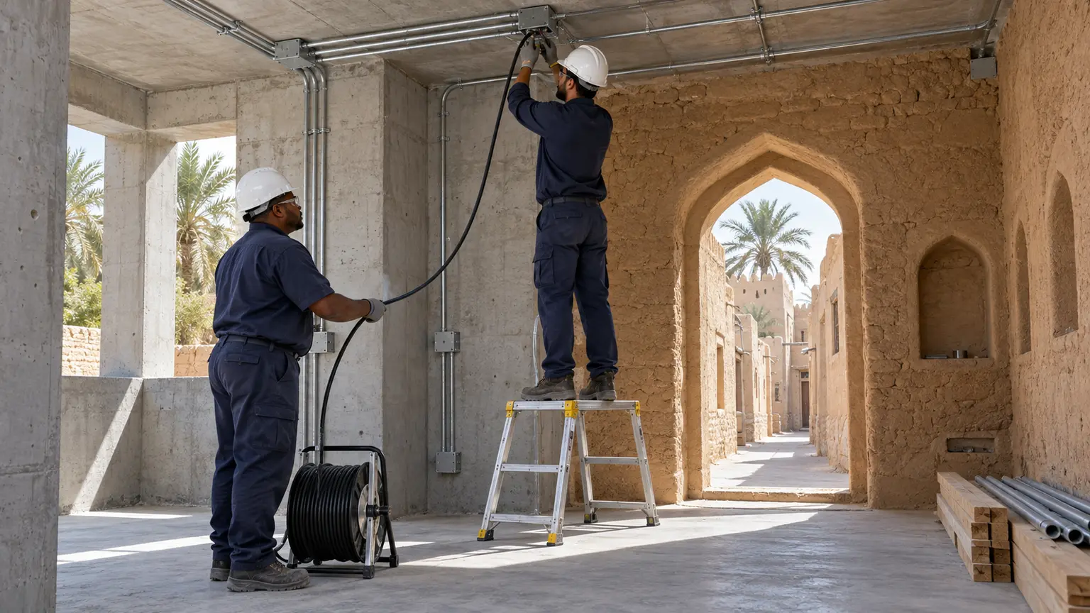 تأسيس كهرباء المحلات الجديدة بالهفوف تمديد مواسير وعلب الكهرباء داخل محل تحت التجهيز بالهفوف