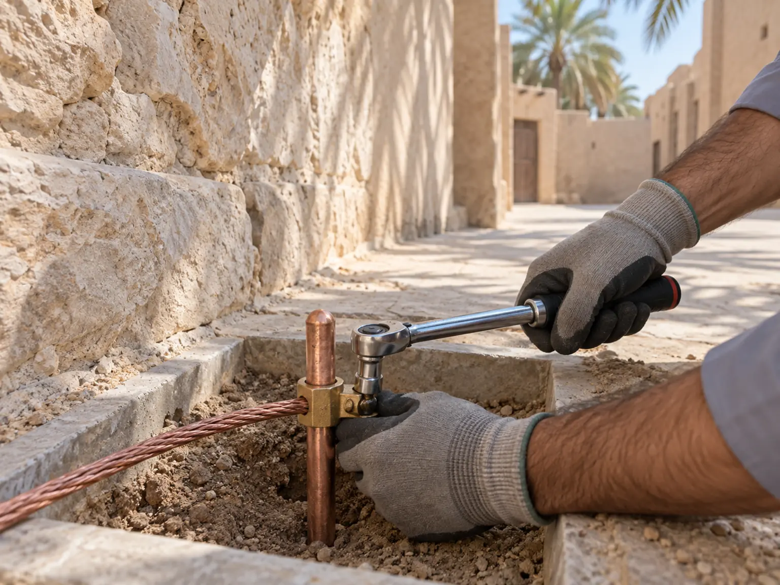 التأريض وحماية المحلات بالهفوف تنفيذ منظومة تأريض وربط الموصل النحاسي بقضيب أرضي عند مبنى تجاري بالهفوف