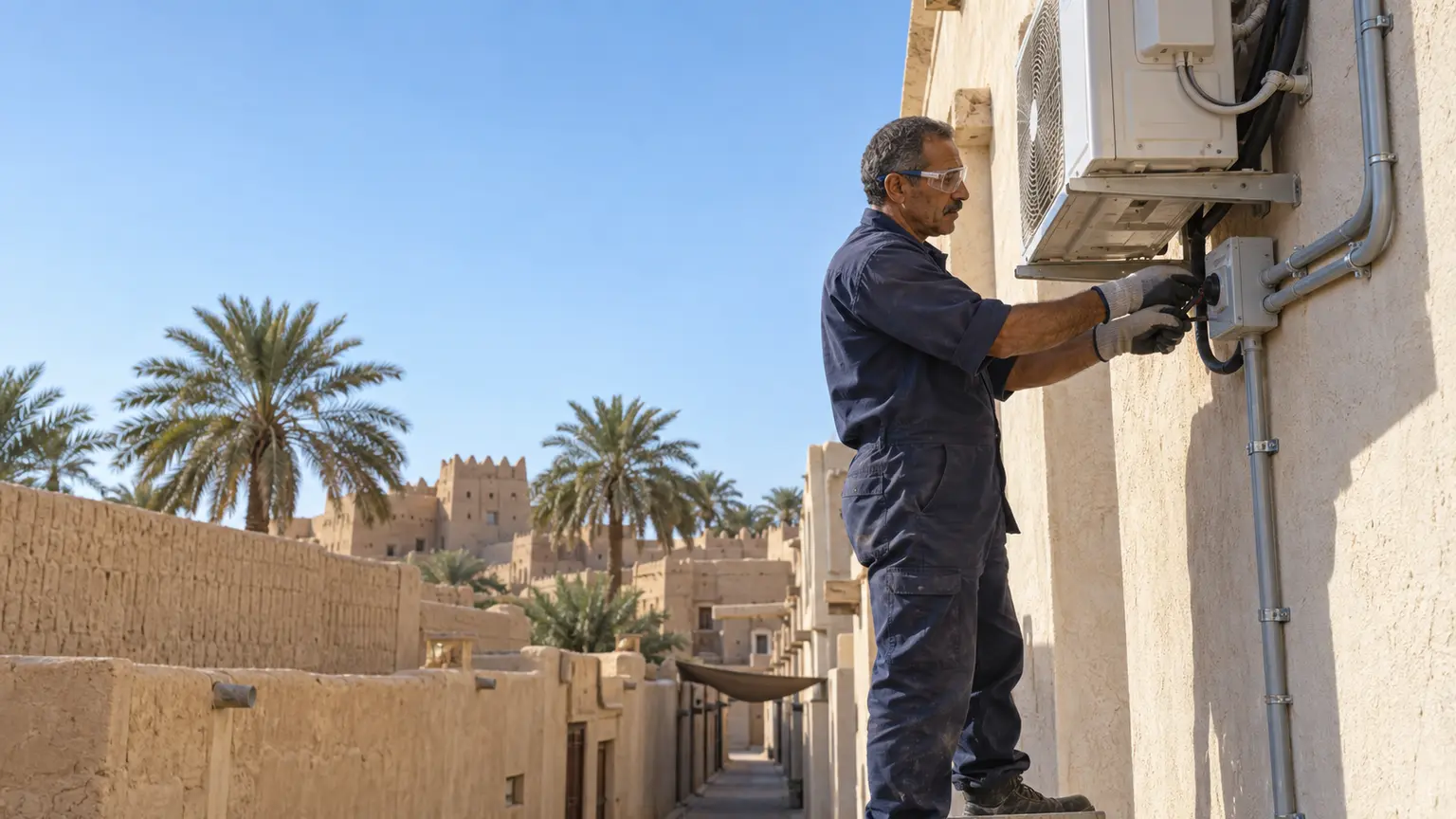 تمديد خطوط المكيفات بالهفوف توصيل خط كهرباء مستقل ومفتاح عزل لوحدة مكيف خارجية في محل بالهفوف