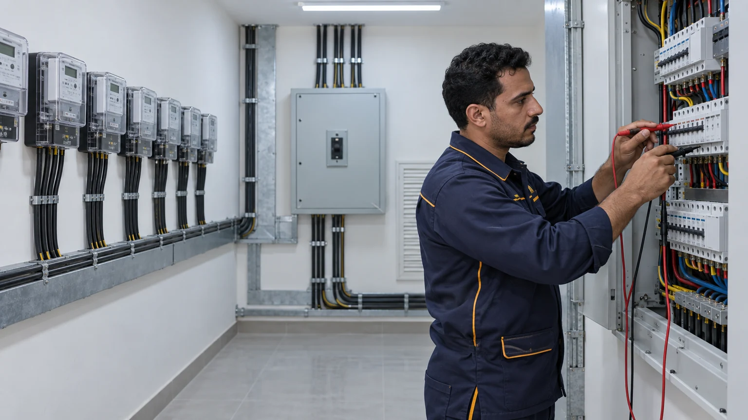 كهرباء العمائر والمباني السكنية بجازان غرفة عدادات ولوحة رئيسية في مبنى سكني بجازان