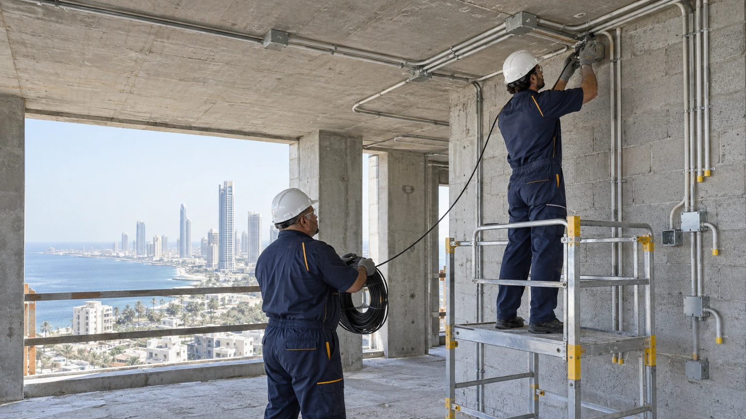 تأسيس الكهرباء للمباني الجديدة بجدة تمديد مواسير وعلب الكهرباء داخل مبنى تحت الإنشاء بجدة