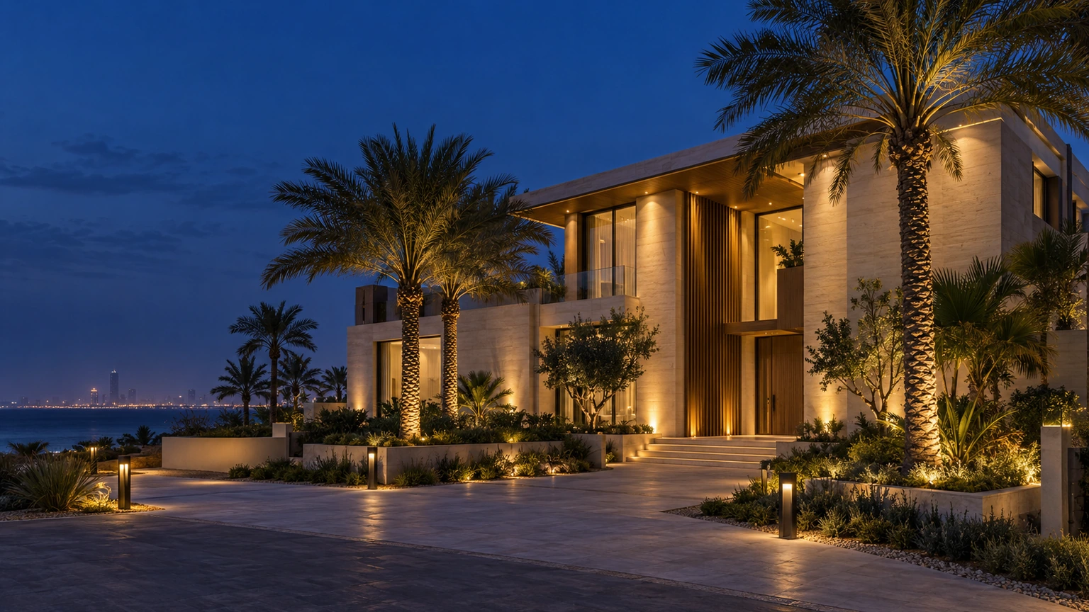 الإنارة الخارجية للواجهات والحدائق بجدة إنارة خارجية لواجهة فيلا وحديقة مع وحدات أرضية وإنارة ممرات بجدة