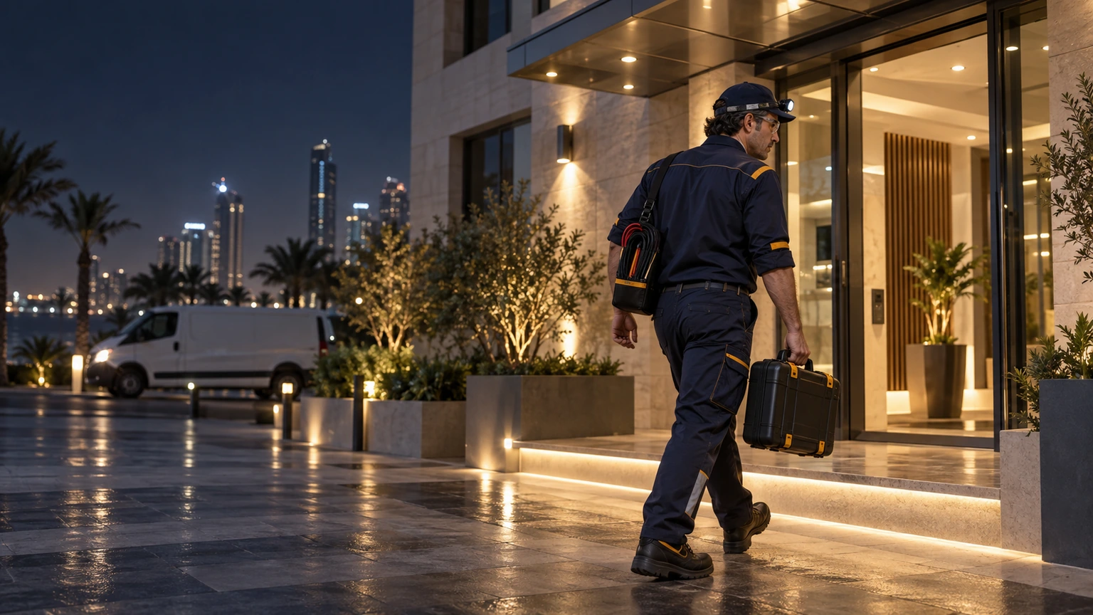 كهربائي طوارئ 24 ساعة بجدة كهربائي طوارئ يصل ليلاً بحقيبة عدته إلى مدخل مبنى سكني بجدة