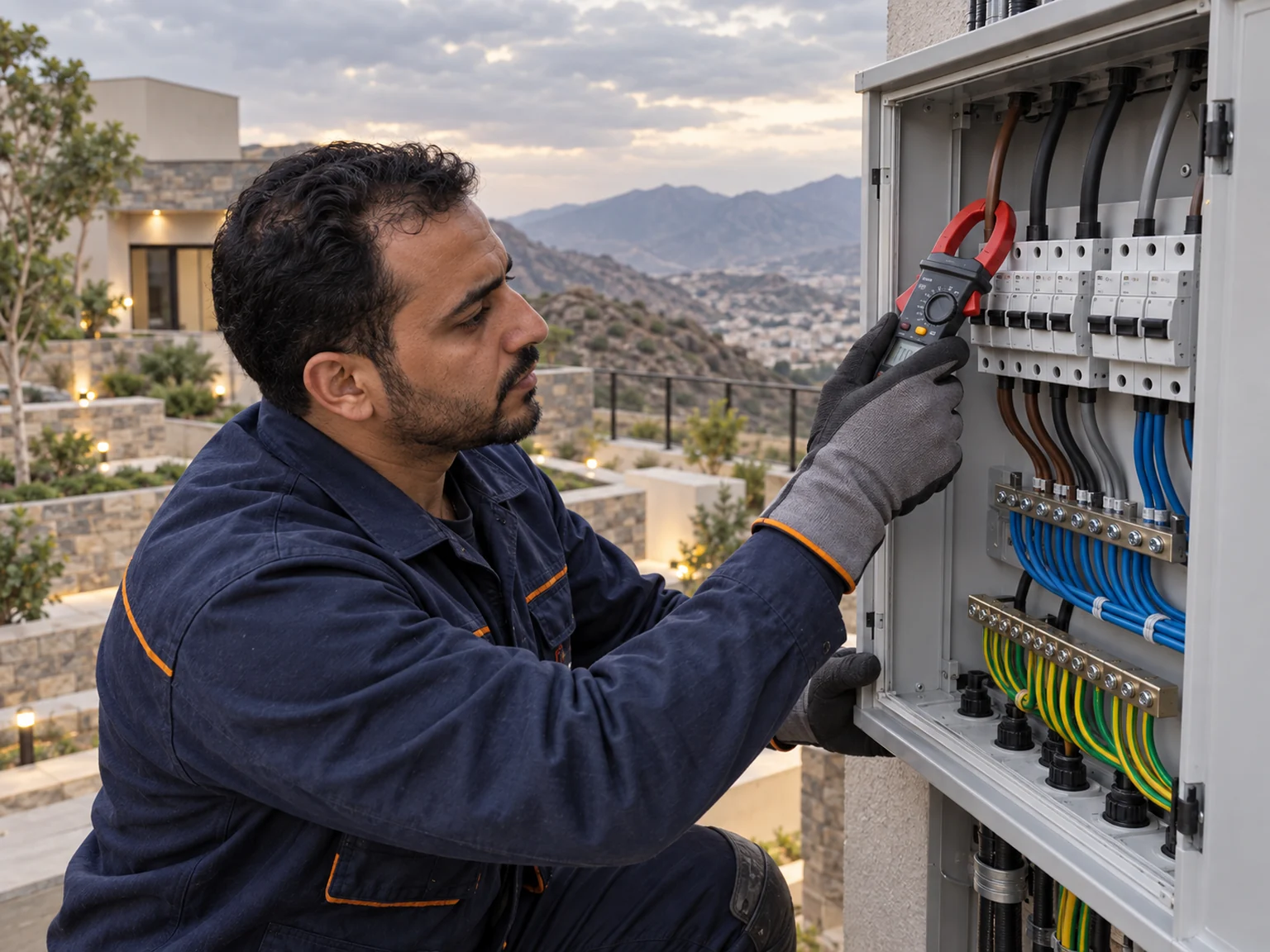 صيانة الكهرباء وإصلاح الأعطال بخميس مشيط فني يفحص قواطع لوحة الكهرباء بجهاز الكلامب ميتر أثناء صيانة عطل بخميس مشيط
