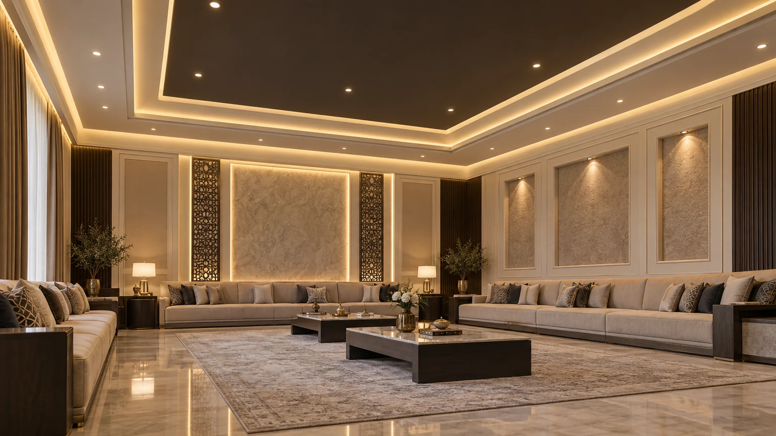 تركيب إنارة الجبسبورد والسبوت والبروفايل بخميس مشيط سقف جبسبورد مع سبوت لايت غاطس وإضاءة ليد بروفايل مخفية في مجلس بخميس مشيط