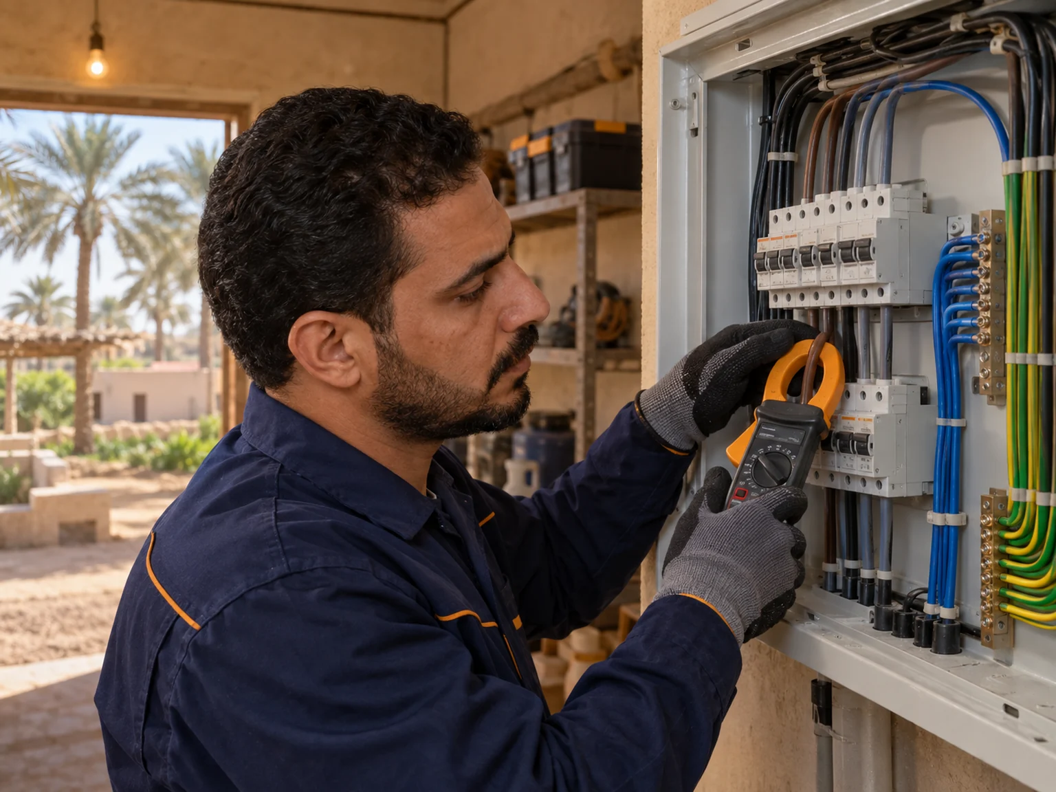 الفحص بين الحجوزات بخليص فني يفحص قواطع لوحة الكهرباء بجهاز الكلامب ميتر في استراحة بخليص