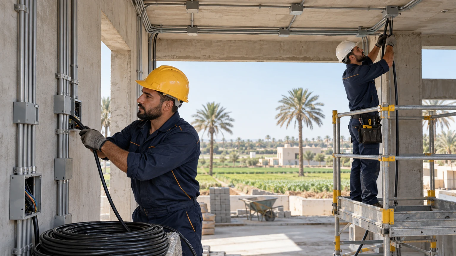 تأسيس الكهرباء للمباني الجديدة بخليص تمديد مواسير وعلب الكهرباء داخل مبنى تحت الإنشاء بخليص