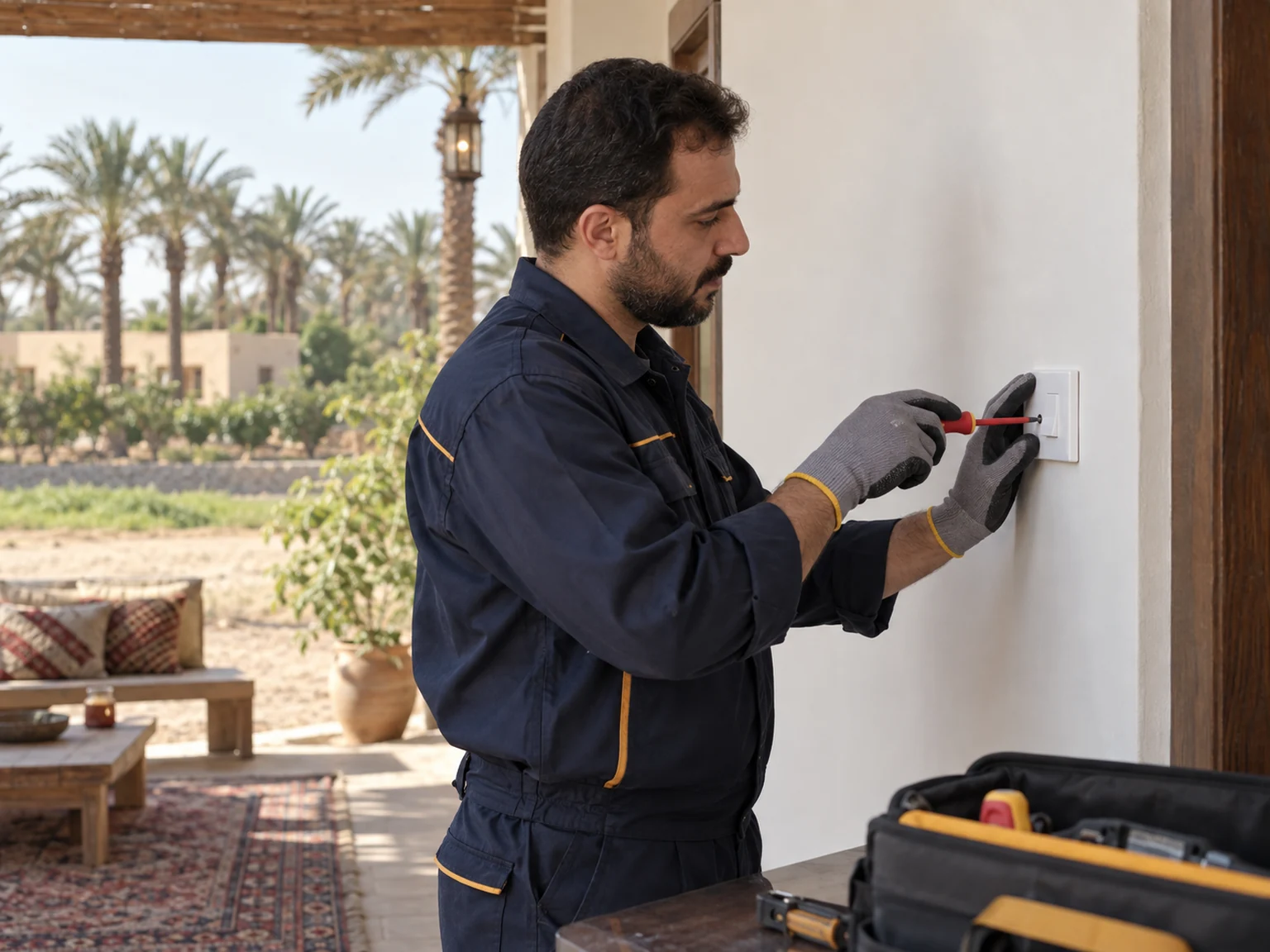 تشطيب الكهرباء وتركيب المفاتيح والمقابس بخليص فني كهربائي يركب مفتاح إنارة على جدار مدهون حديثاً في استراحة بخليص