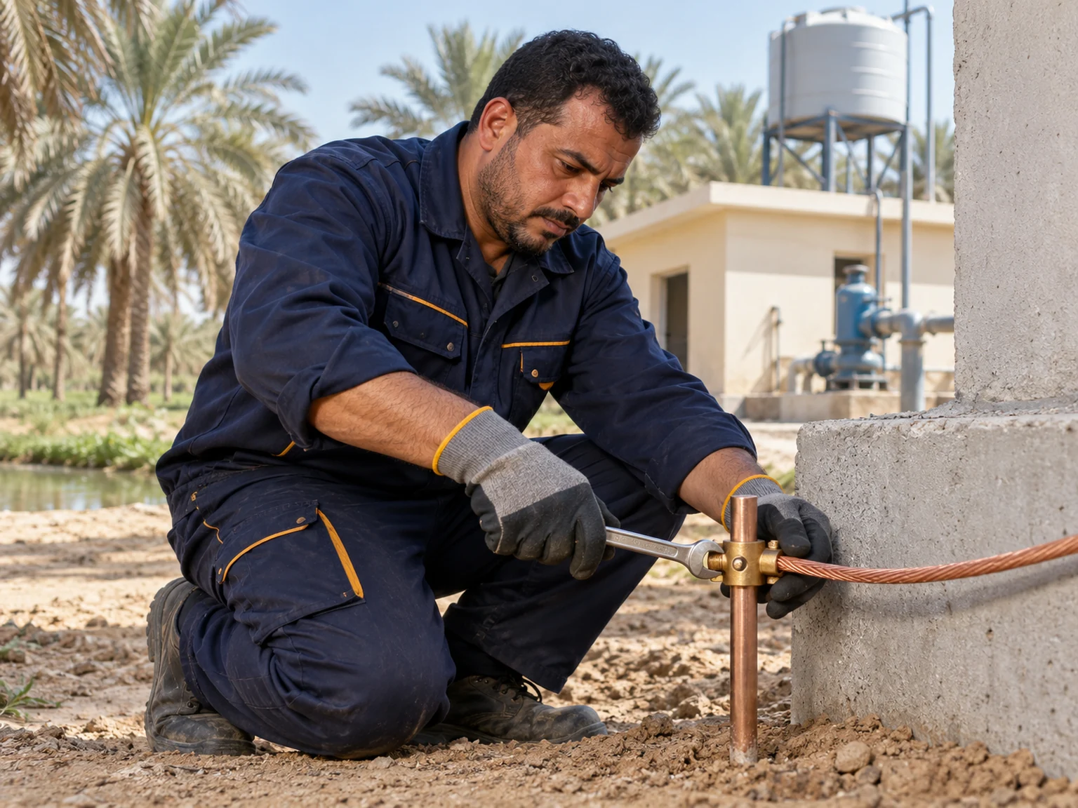 التأريض وحماية أماكن المناسبات بخليص تنفيذ منظومة تأريض وربط الموصل النحاسي بقضيب أرضي في استراحة بخليص