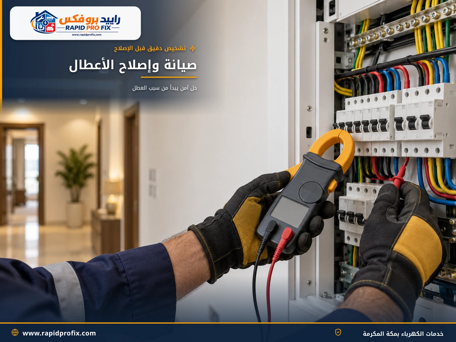 فني يفحص قواطع لوحة الكهرباء بجهاز الكلامب ميتر أثناء صيانة عطل بمكة