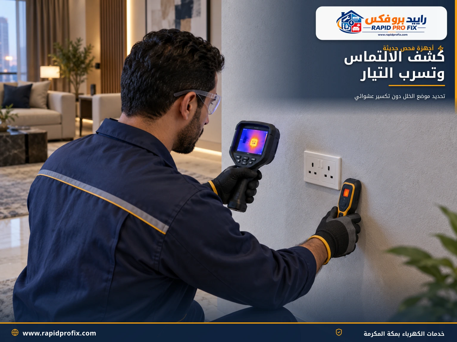 استخدام كاميرا حرارية وجهاز تتبع مسارات لكشف التماس الكهرباء داخل الجدار بمكة