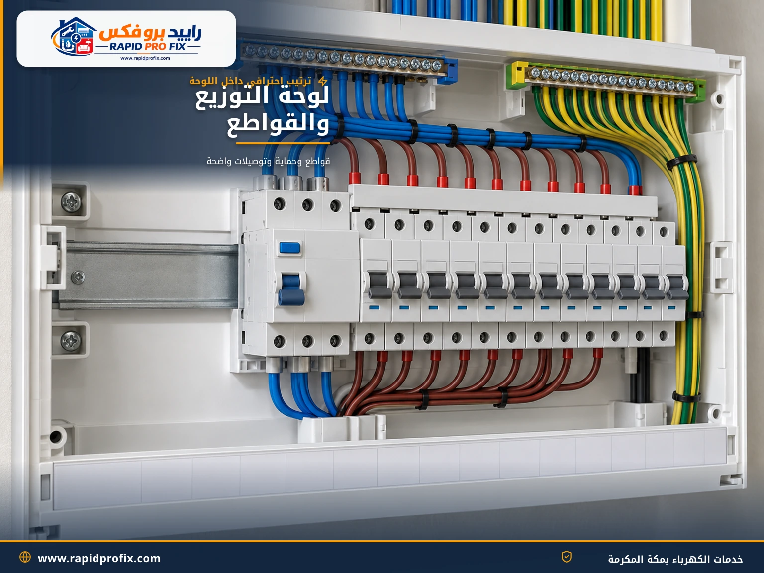لوحة توزيع كهربائية منفذة باحترافية مع قواطع مرتبة وقاطع تسرب أرضي
