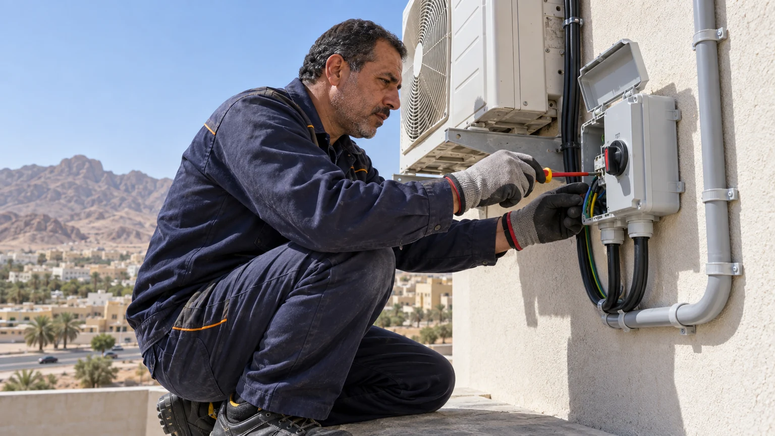 تمديد خطوط المكيفات بنجران توصيل خط كهرباء مستقل ومفتاح عزل لوحدة مكيف خارجية بنجران