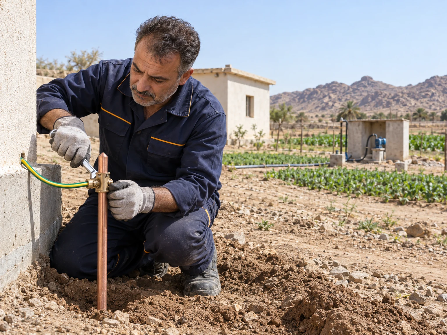 التأريض وحماية المباني بنمرة تنفيذ منظومة تأريض وربط الموصل النحاسي بقضيب أرضي عند أساس المبنى بنمرة