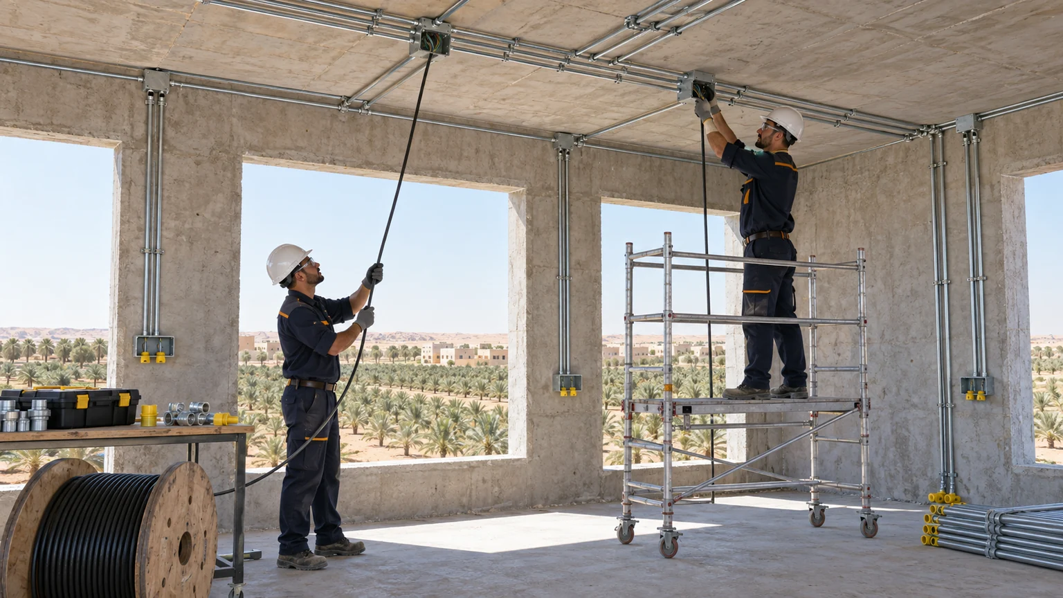 تأسيس الكهرباء للمباني الجديدة بالقصيم تمديد مواسير وعلب الكهرباء داخل مبنى تحت الإنشاء بالقصيم