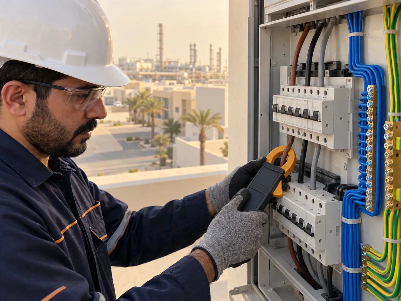 صيانة الكهرباء وتمييز أعطال الاستخدام برابغ فني يفحص قواطع لوحة الكهرباء بجهاز الكلامب ميتر أثناء صيانة عطل برابغ