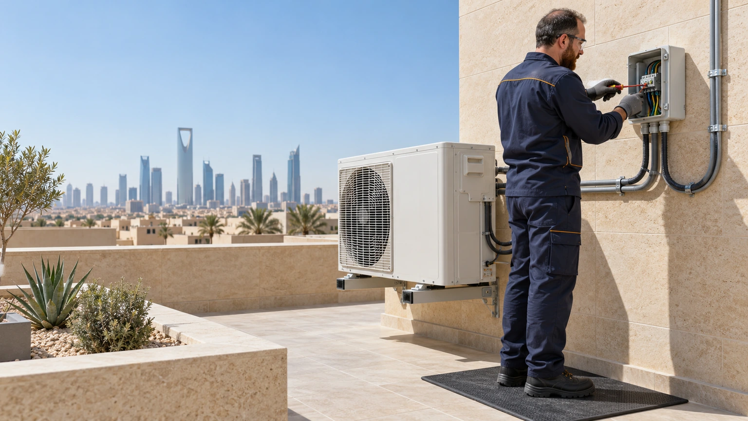 تمديد خطوط المكيفات بالرياض توصيل خط كهرباء مستقل ومفتاح عزل لوحدة مكيف سبليت خارجية بالرياض