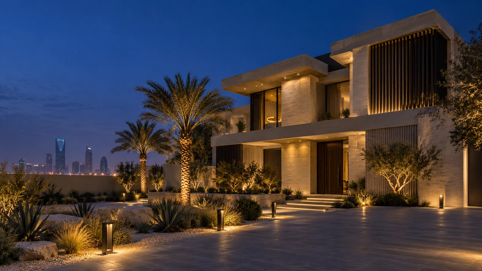الإنارة الخارجية للواجهات والحدائق بالرياض إنارة خارجية لواجهة فيلا وحديقة مع وحدات أرضية وإنارة ممرات بالرياض