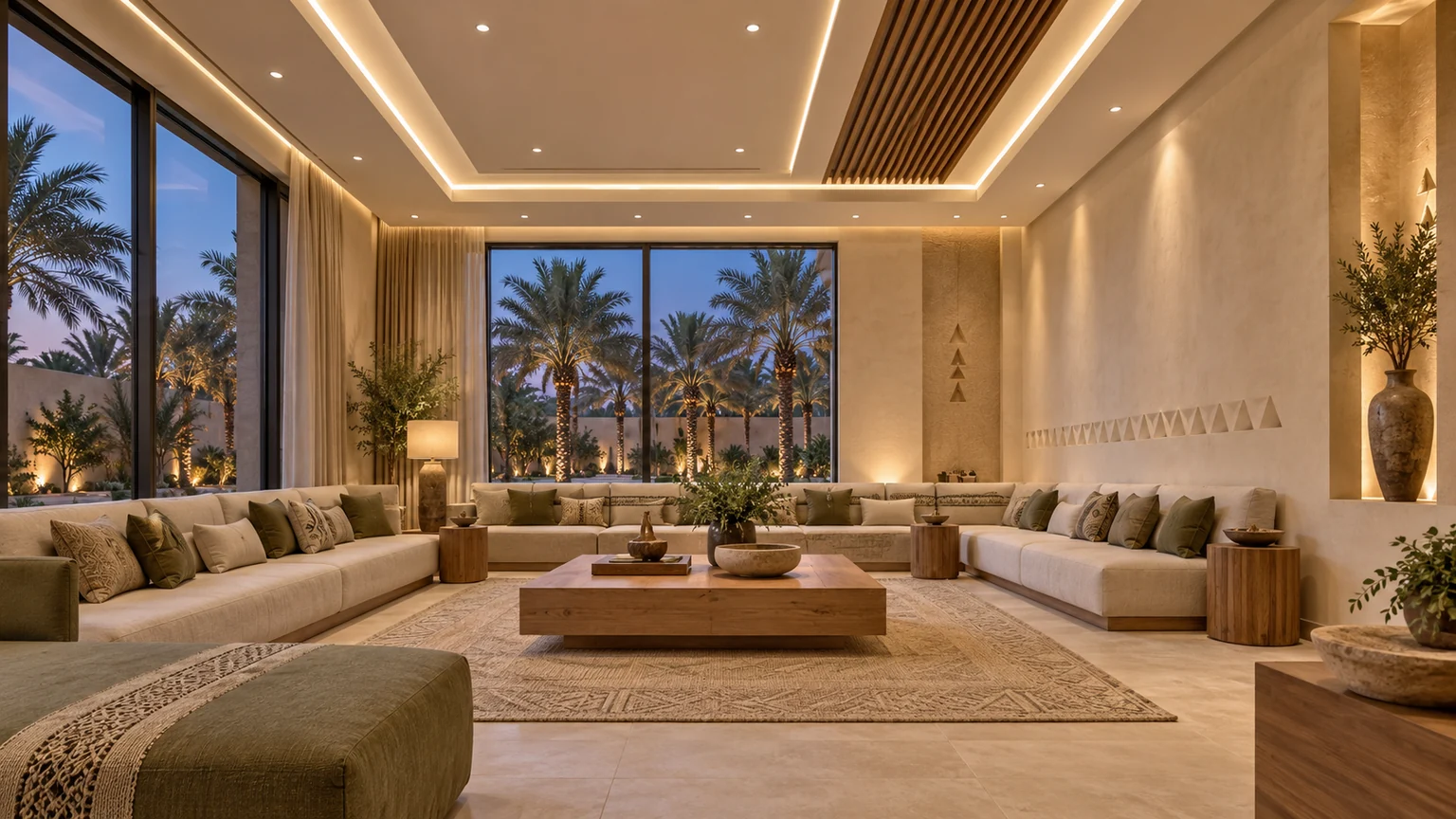 طبقات الإنارة وتصميم الجبسبورد بعنيزة سقف جبسبورد مع سبوت لايت غاطس وإضاءة ليد بروفايل مخفية في مجلس بعنيزة